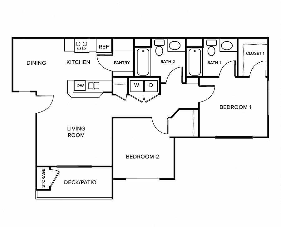 Floor plan for 2 beds, 2 baths, 919 sqft